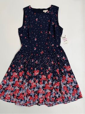Maison Jules Floral Fit & Flair Dress Navy Rose Print Size 6 NWT